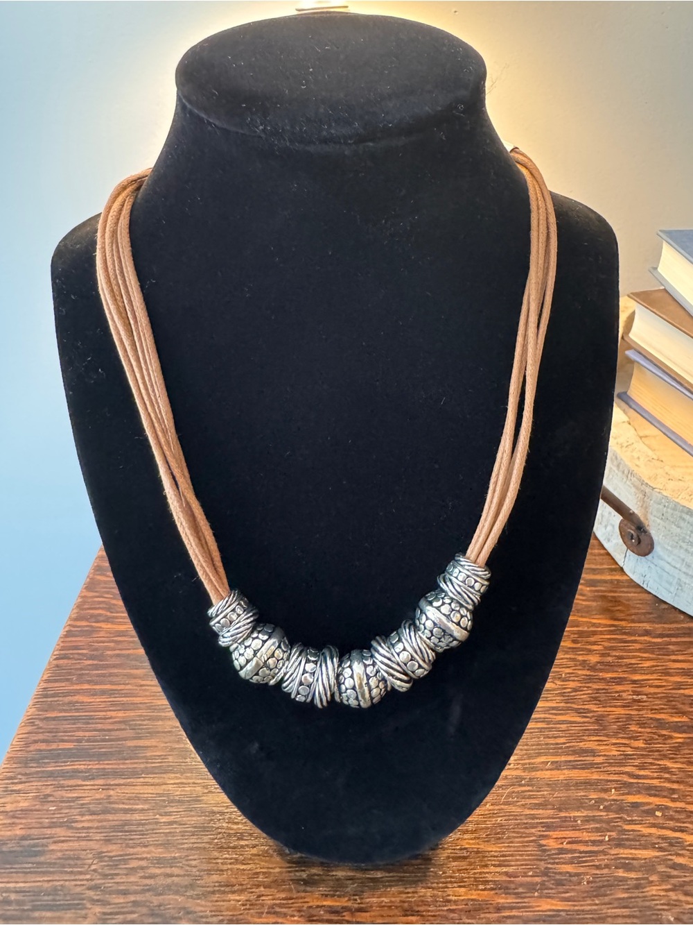 NWT St. Thomas tan cord adjustable necklace with silver beads